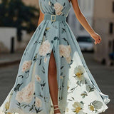Julie | Robe Maxi Chiffon Florale à Épaules Dégagées Vert Clair
