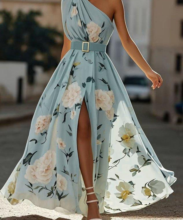Julie | Robe Maxi Chiffon Florale à Épaules Dégagées Vert Clair