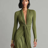 Robe Maxi en Soie Olive à Décolleté en V