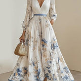 Amalia | Robe Maxi en Chiffon Floral Blanc avec Manches Volumineuses