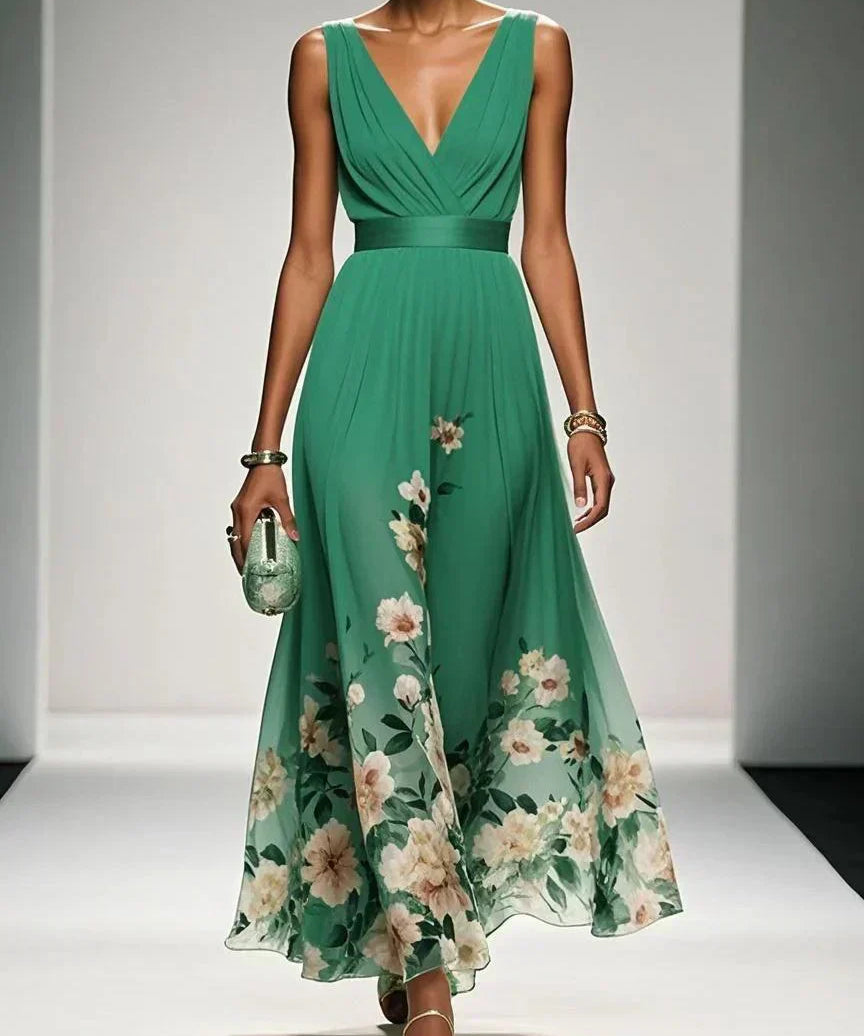 Rosa | Robe Maxi en Chiffon avec Fleurs Bleu Clair et Décolleté en V