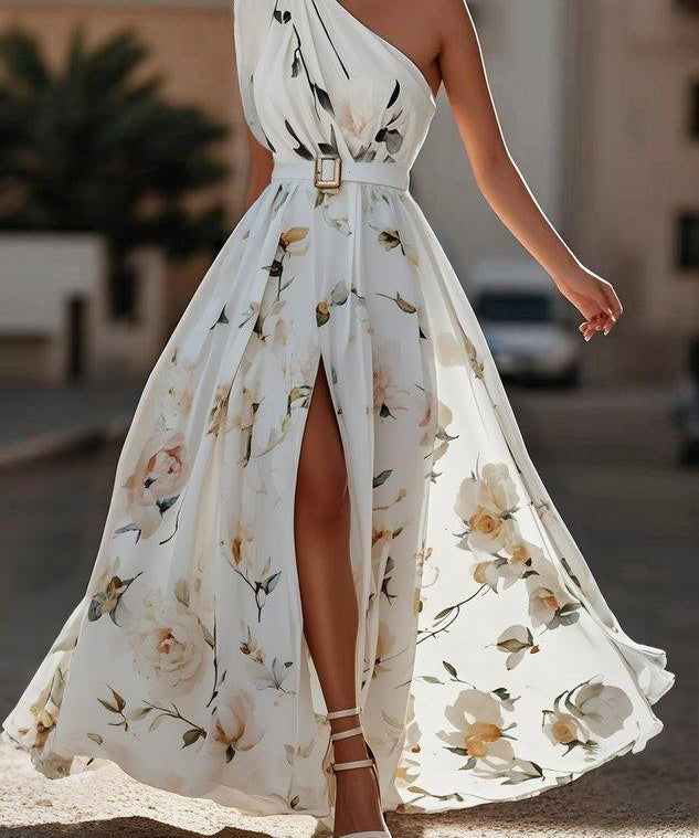 Julie | Robe Maxi Chiffon Florale à Épaules Dégagées Vert Clair
