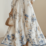 Amalia | Robe Maxi en Chiffon Floral Blanc avec Manches Volumineuses