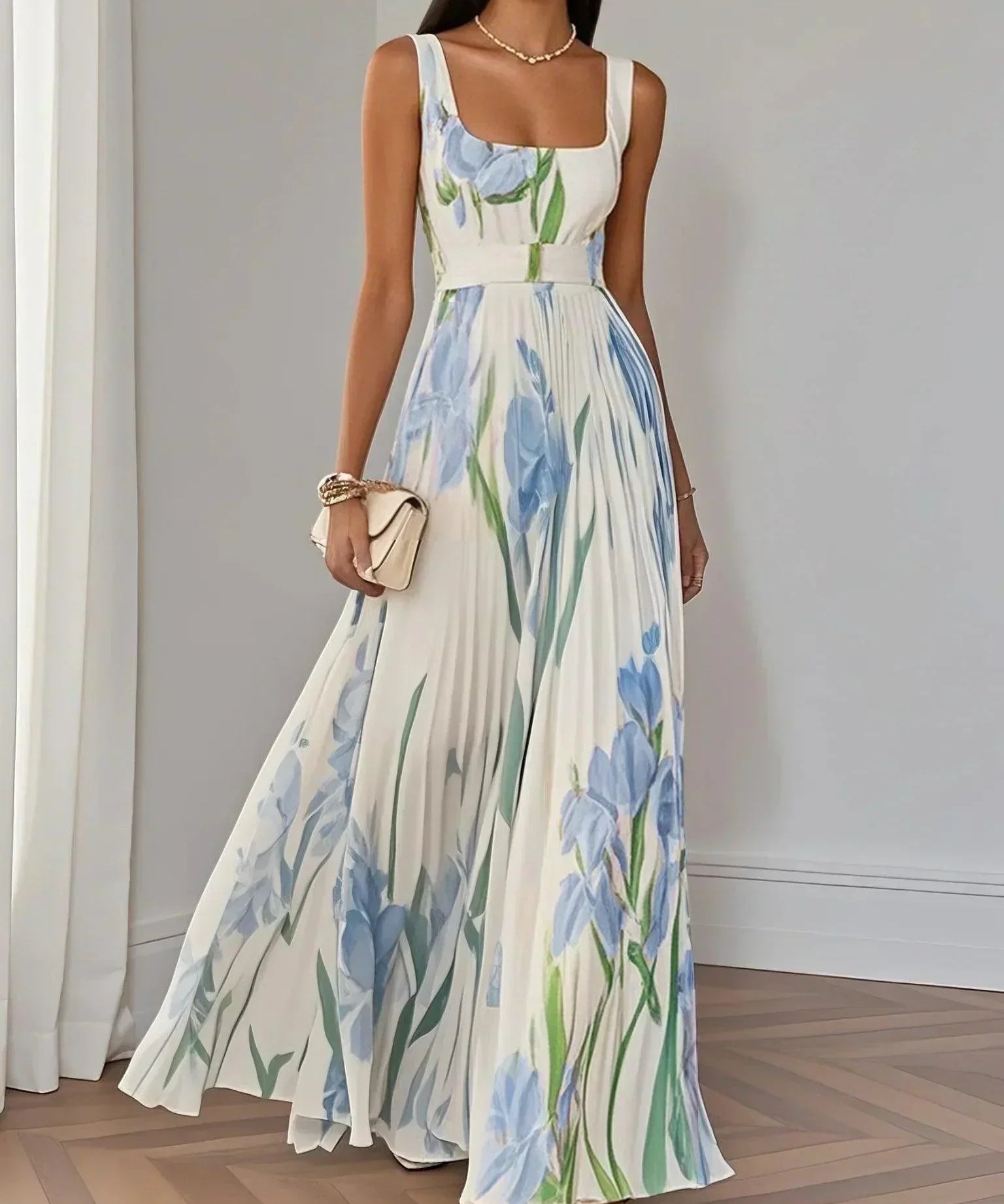 Marie | Robe Maxi Chiffon Florale Plissée Blanche