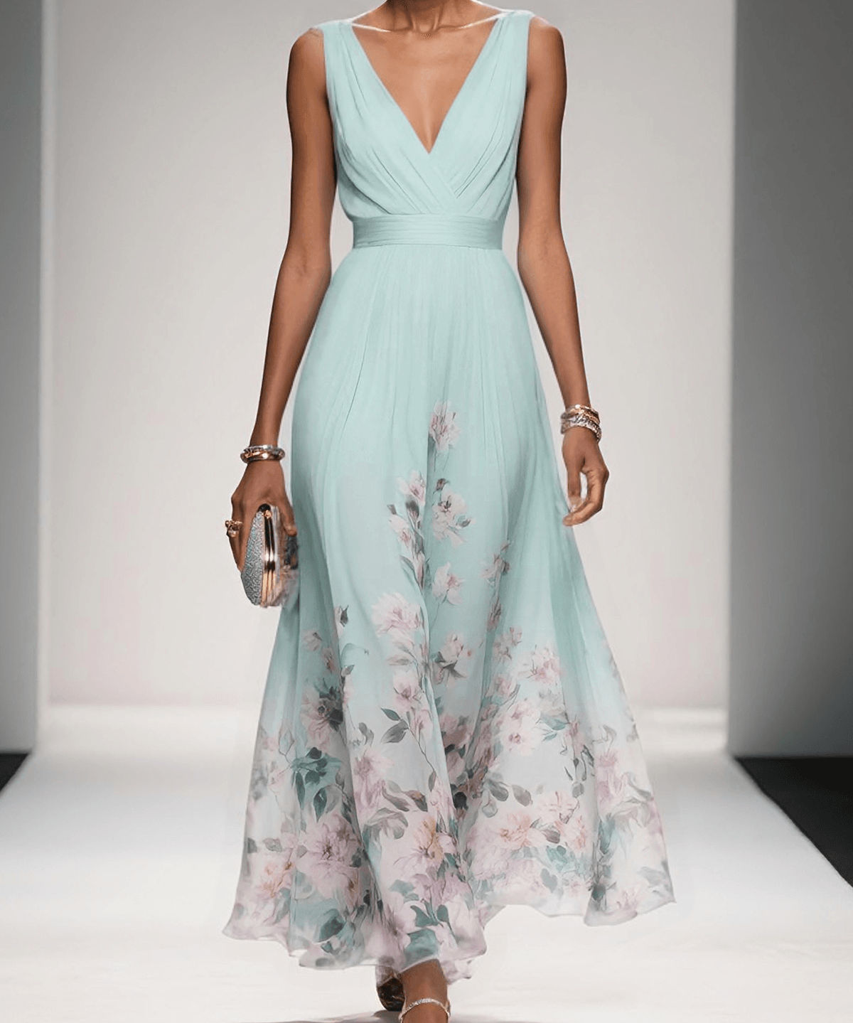 Rosa | Robe Maxi en Chiffon avec Fleurs Bleu Clair et Décolleté en V