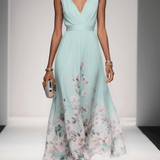 Rosa | Robe Maxi en Chiffon avec Fleurs Bleu Clair et Décolleté en V