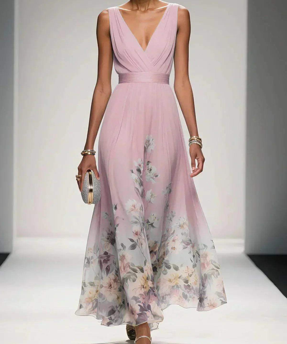 Rosa | Robe Maxi en Chiffon avec Fleurs Bleu Clair et Décolleté en V