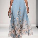 Rosa | Robe Maxi en Chiffon avec Fleurs Bleu Clair et Décolleté en V