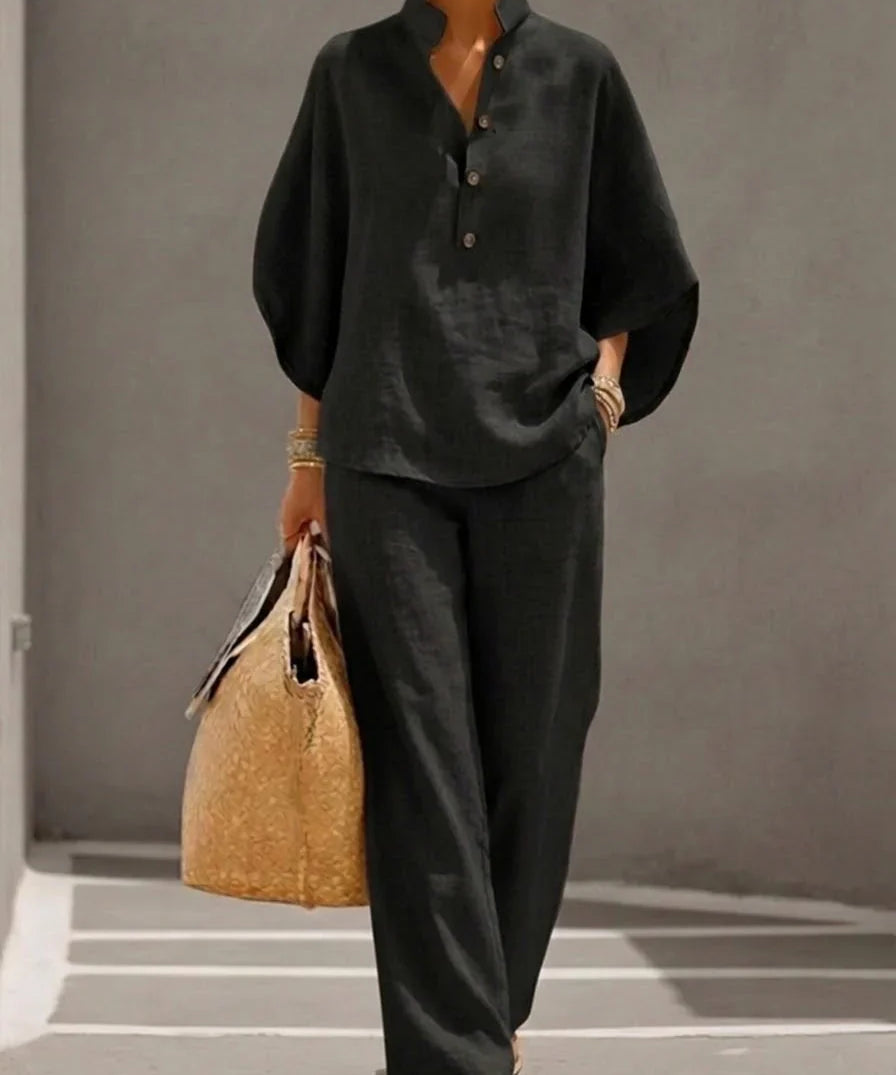 Maribel™ | Ensemble en lin avec manches chauve-souris et pantalon large