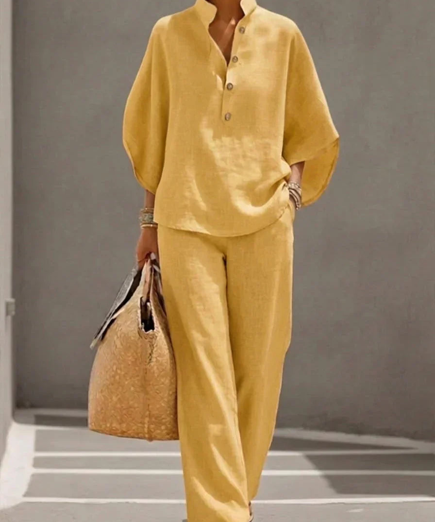 Maribel™ | Ensemble en lin avec manches chauve-souris et pantalon large