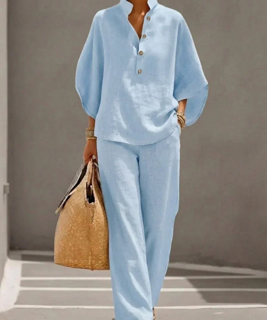 Maribel™ | Ensemble en lin avec manches chauve-souris et pantalon large