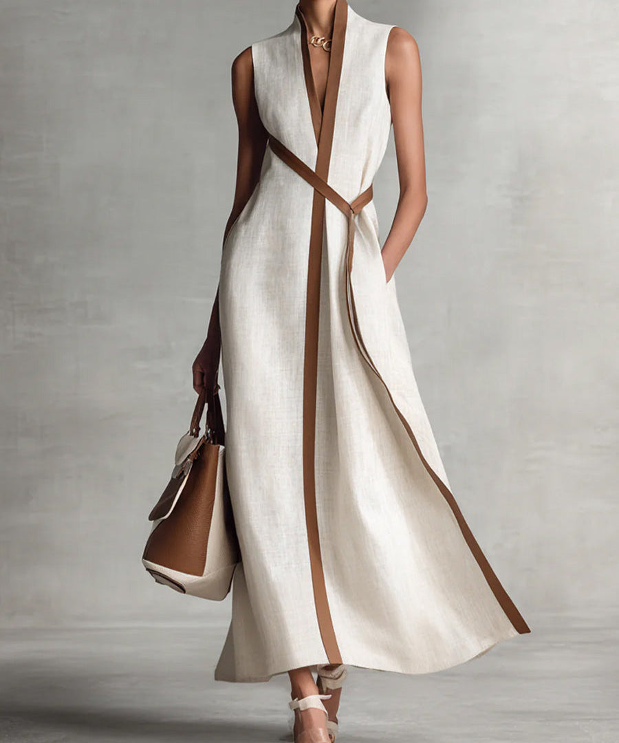 Bella | Robe Élégante en Coton et Lin Sans Manches à Col Montant