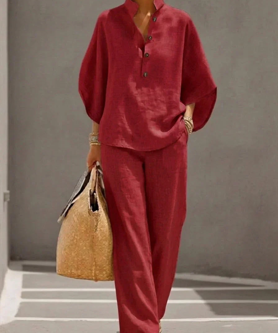 Maribel™ | Ensemble en lin avec manches chauve-souris et pantalon large