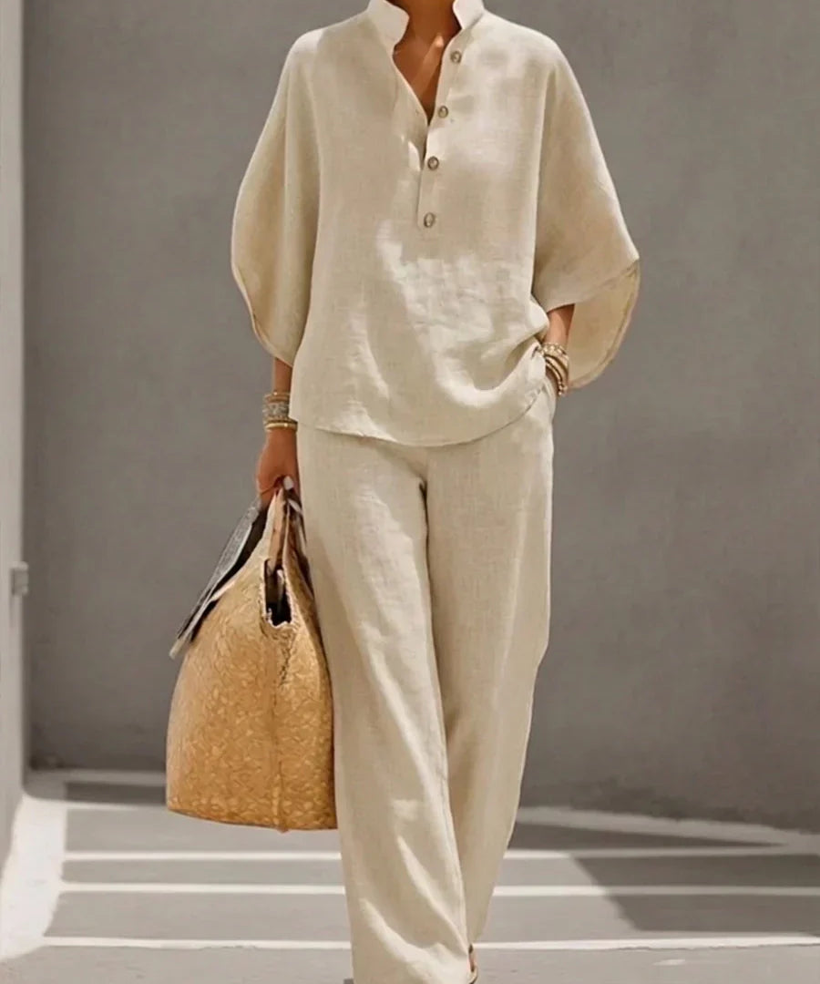 Maribel™ | Ensemble en lin avec manches chauve-souris et pantalon large