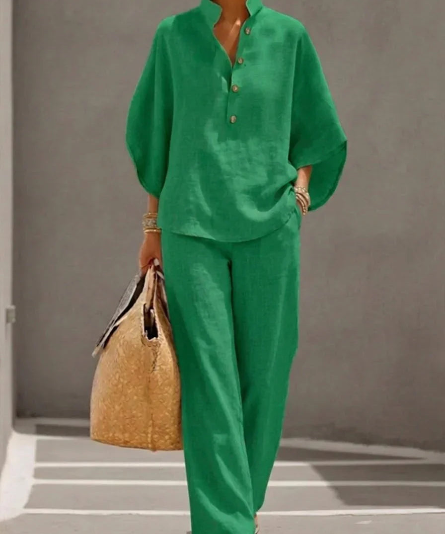 Maribel™ | Ensemble en lin avec manches chauve-souris et pantalon large